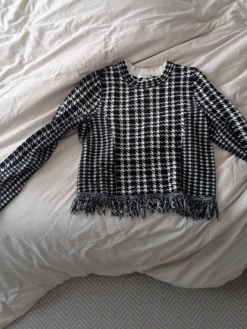 Milly Black and White Houndstooth Long Sleeve Fringe Sweater M